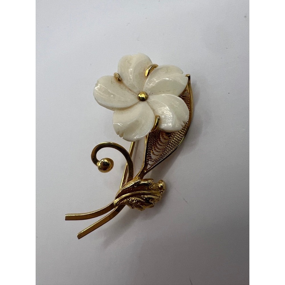 Vintage Sorrento Brooch 12K Gold Filled Carved Shell Flower Filigree‎ Italy - Picture 11 of 16